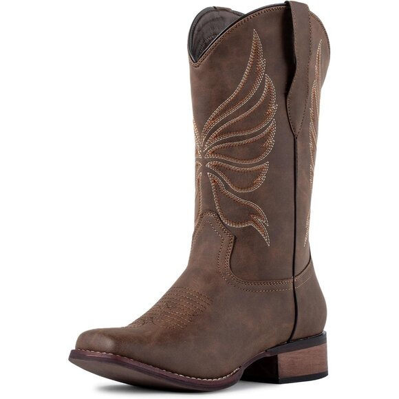 Women's Brown Calf-High Fashion Square Toe Faux Leather Western Cowgirl Boots - Picture 1 of 9